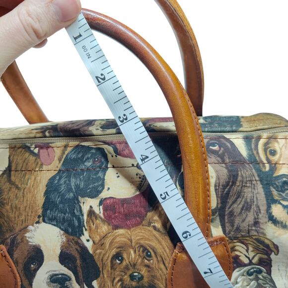 Vintage Canvas Dog Print Animal Tapestry Barrel Handbag Leather Handle Tote Bag - Picture 9 of 15
